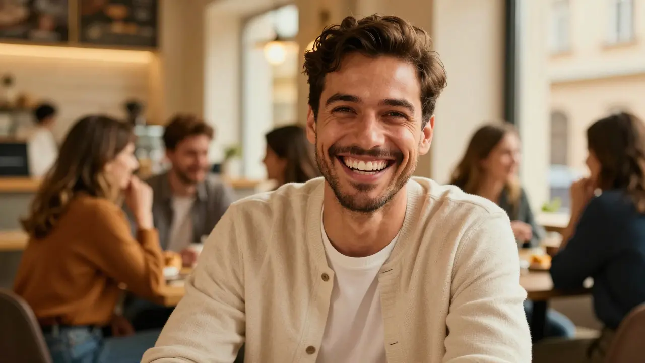 Krásně usmívající se sebevědomý člověk v moderní kavárně.