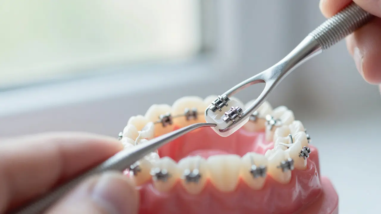 Makro detail čištění prostoru kolem gumiček na rovnátku mezizubním kartáčkem.