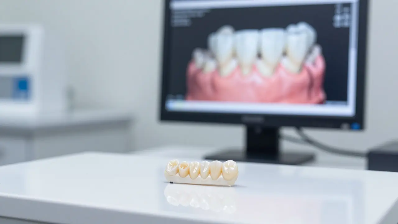 Moderní kompozitní onlay v dentální laboratoři s digitálním modelem v pozadí.