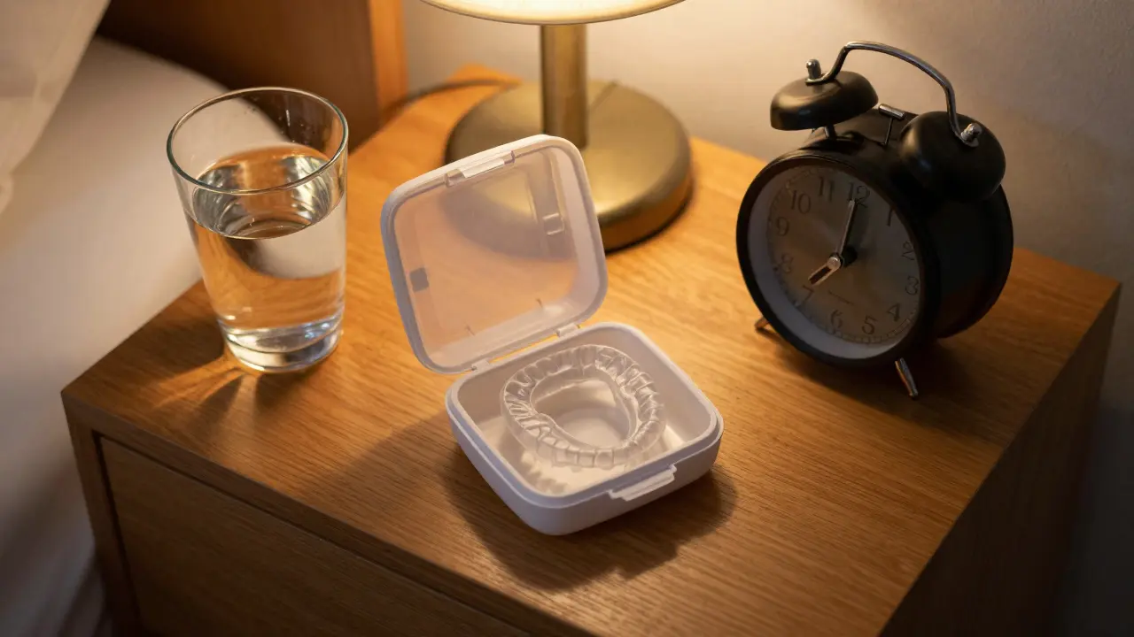 Ochranný box na rovnátka na nočním stolku u sklenice vody