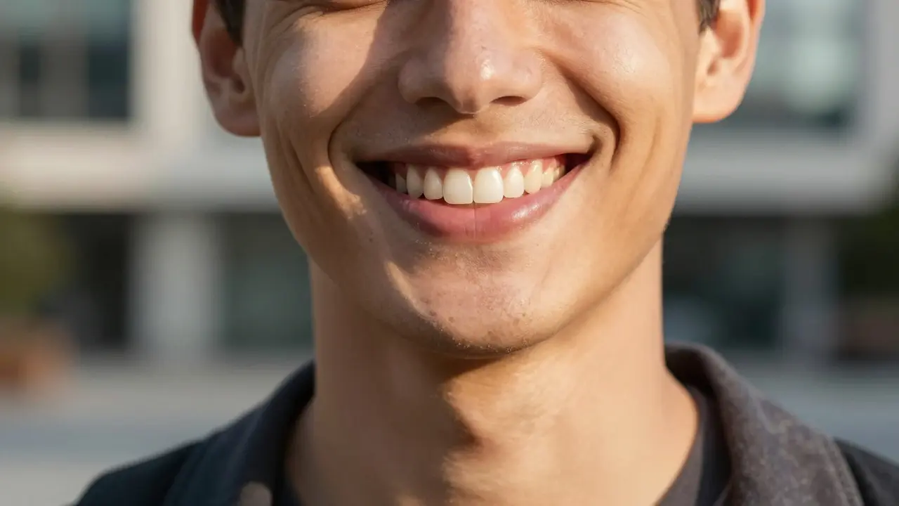 Portrét spokvalizovaného člověka s přirozeným a symetrickým úsměvem.