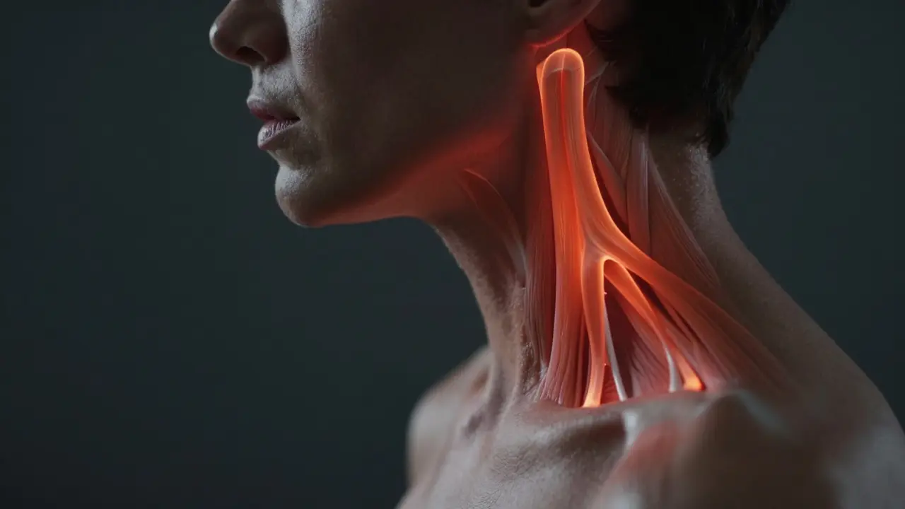 Profil člověka s červeným zvýrazněním napětí v čelistním kloubu a krku.