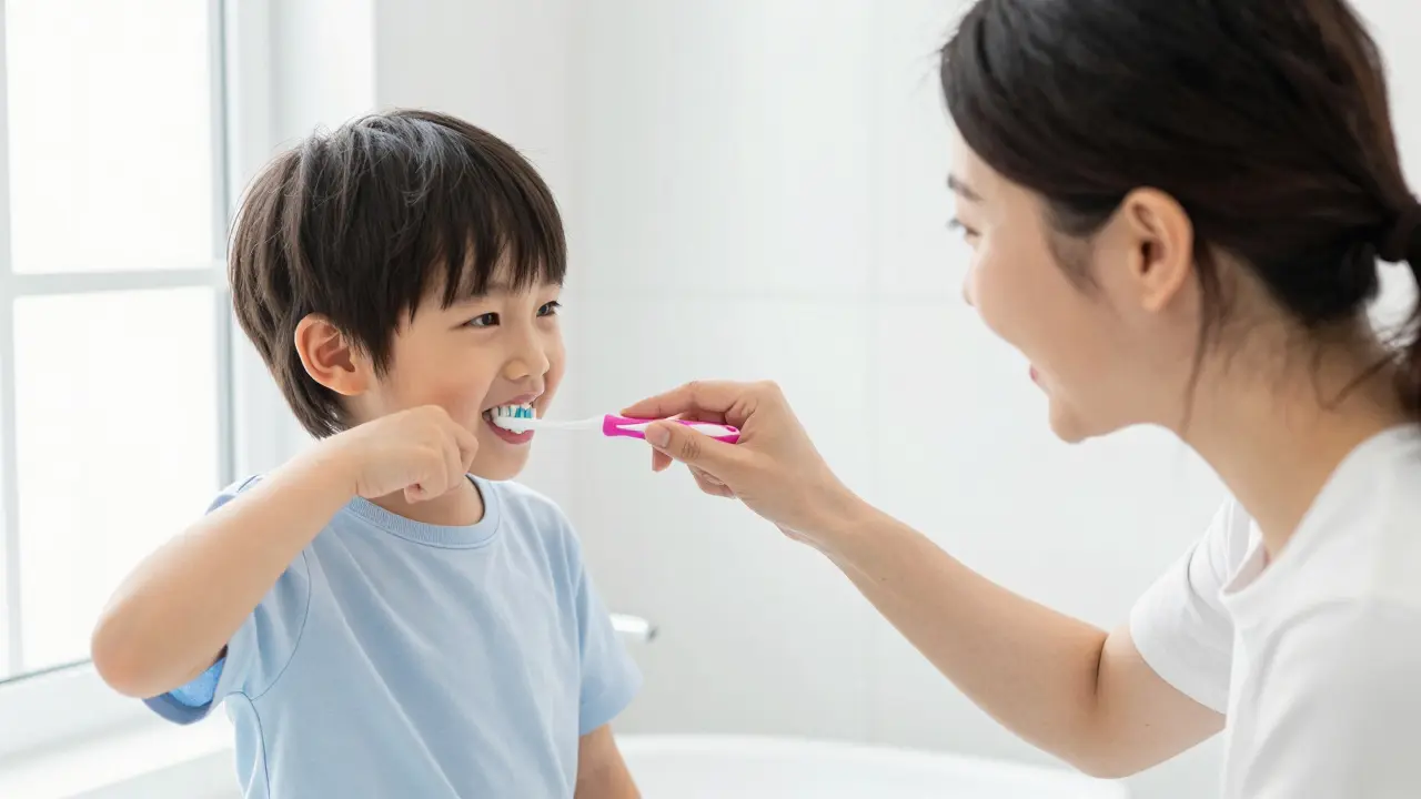 Rodič učí malé dítě správně čistit zuby s dětským kartáčkem.