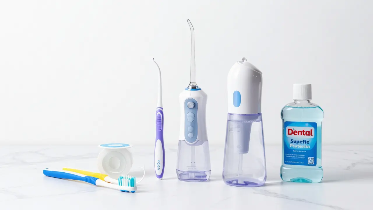 Sada pomůcek pro hygienu s rovnátkem včetně irigátoru a mezizubních kartáčků.