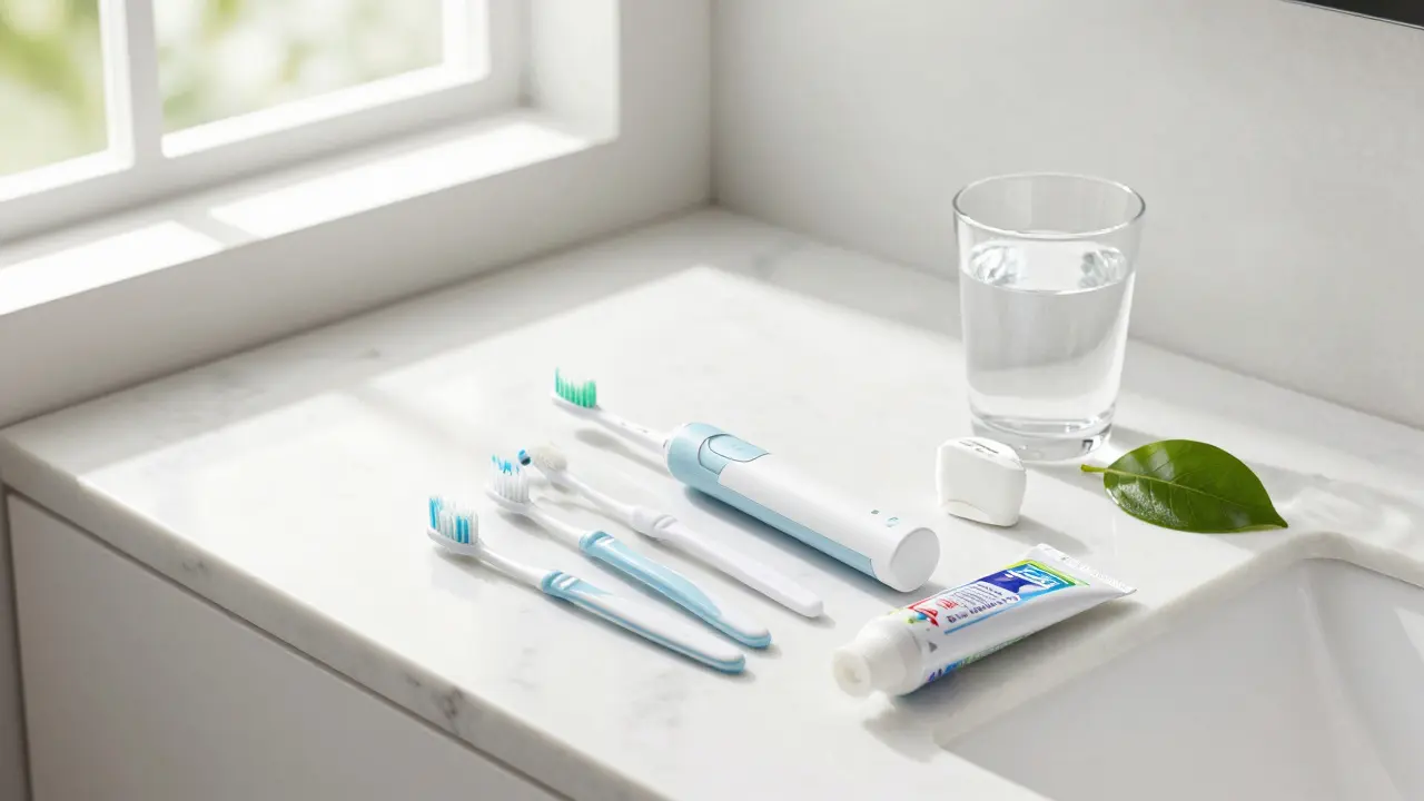 Sada pro domácí péči o zuby včetně elektrického kartáčku a mezizubních pomůcek.