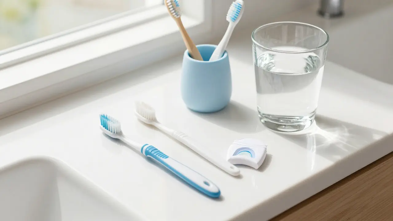 Sada pro domácí zubní hygienu včetně kartáčku a mezizubních kartáčků.