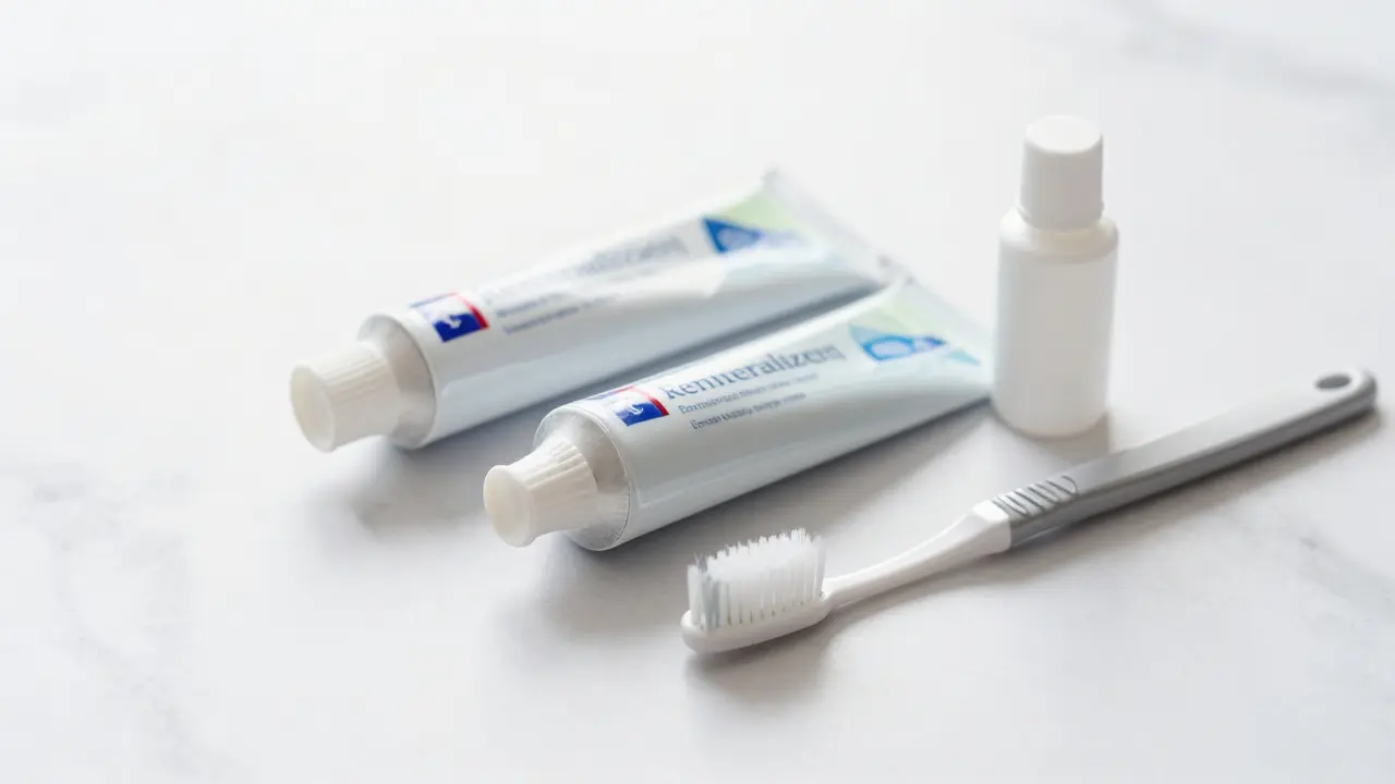 Sada produktů pro remineralizaci a péči o citlivé zuby na mramoru.