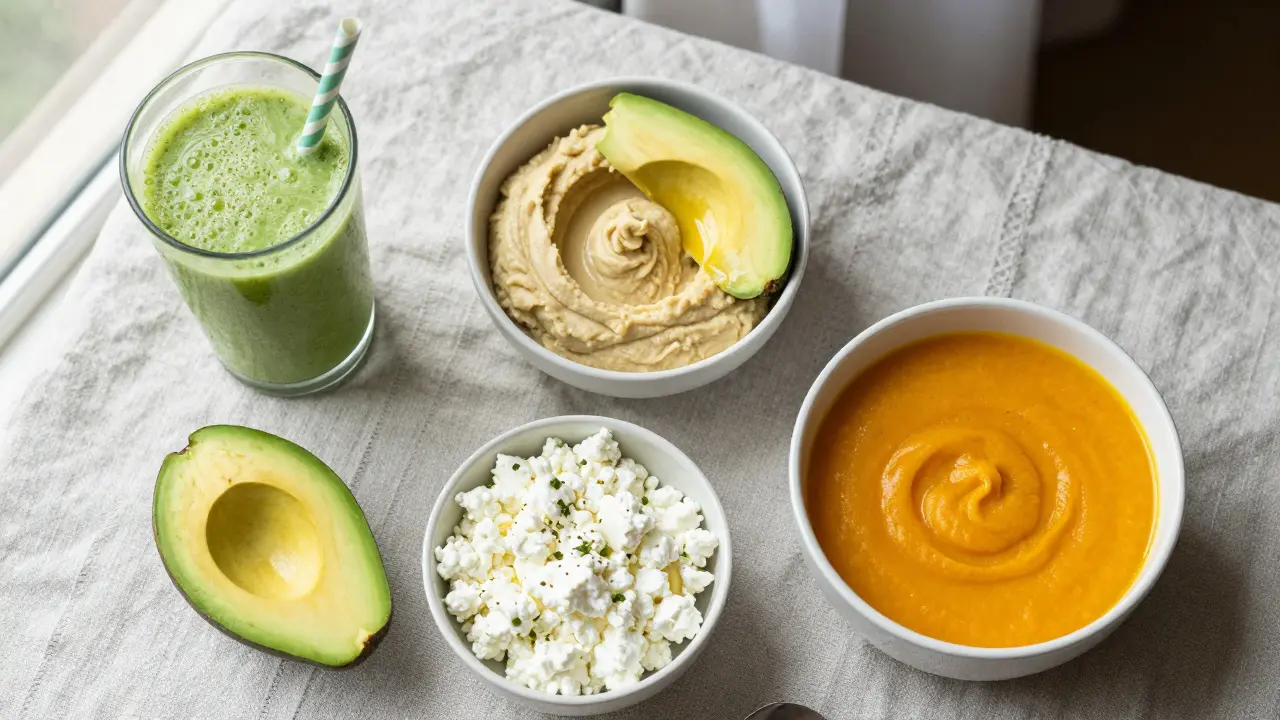 Sestava měkkých potravin včetně smoothie, hummusu, tvarohu a dýňové polévky.