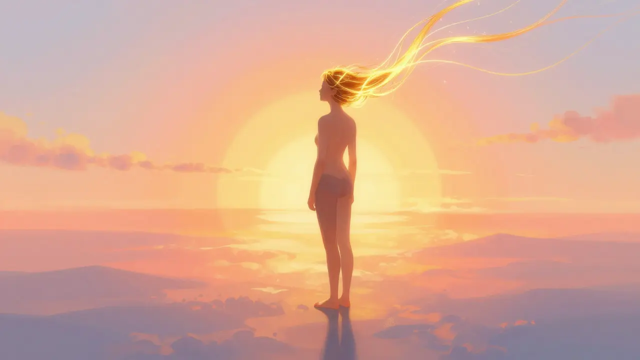 Snová scéna člověka, kterému se zlatými nitěmi vracejí vlasy.