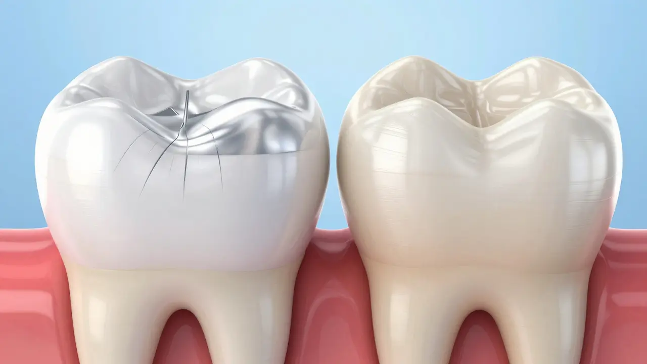 Srovnání zubu s kovovou plombou a zubu s moderním kompozitním onlayem.