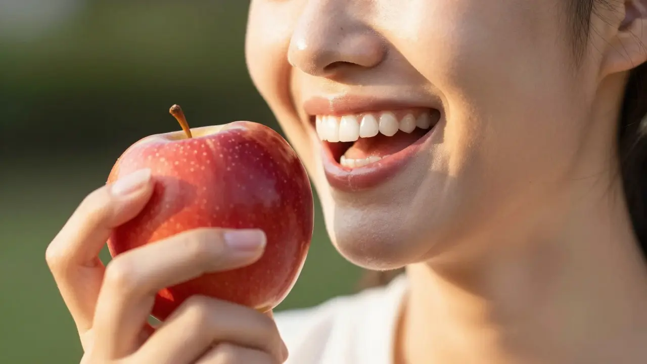 Šťastný člověk s perfektním úsměvem drží červené jablko v přirozeném světle.