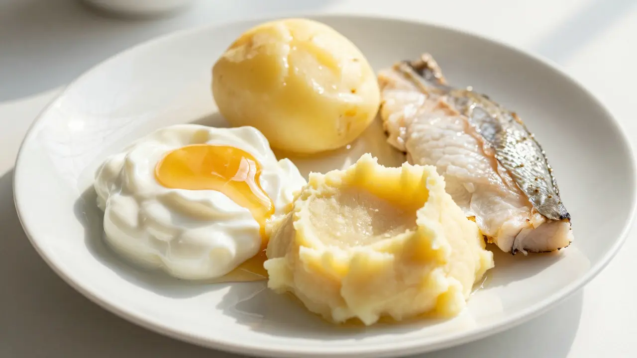 Talíř s měkkými potravinami, jako je jogurt a bramborová kaše, pro snadné kousání.