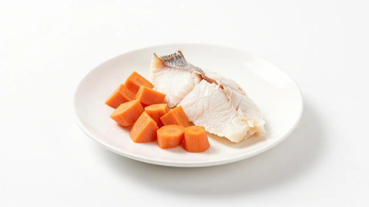 Talíř s nakrájenou vařenou mrkví a rybím filingem pro postupný návrat k běžné stravě.
