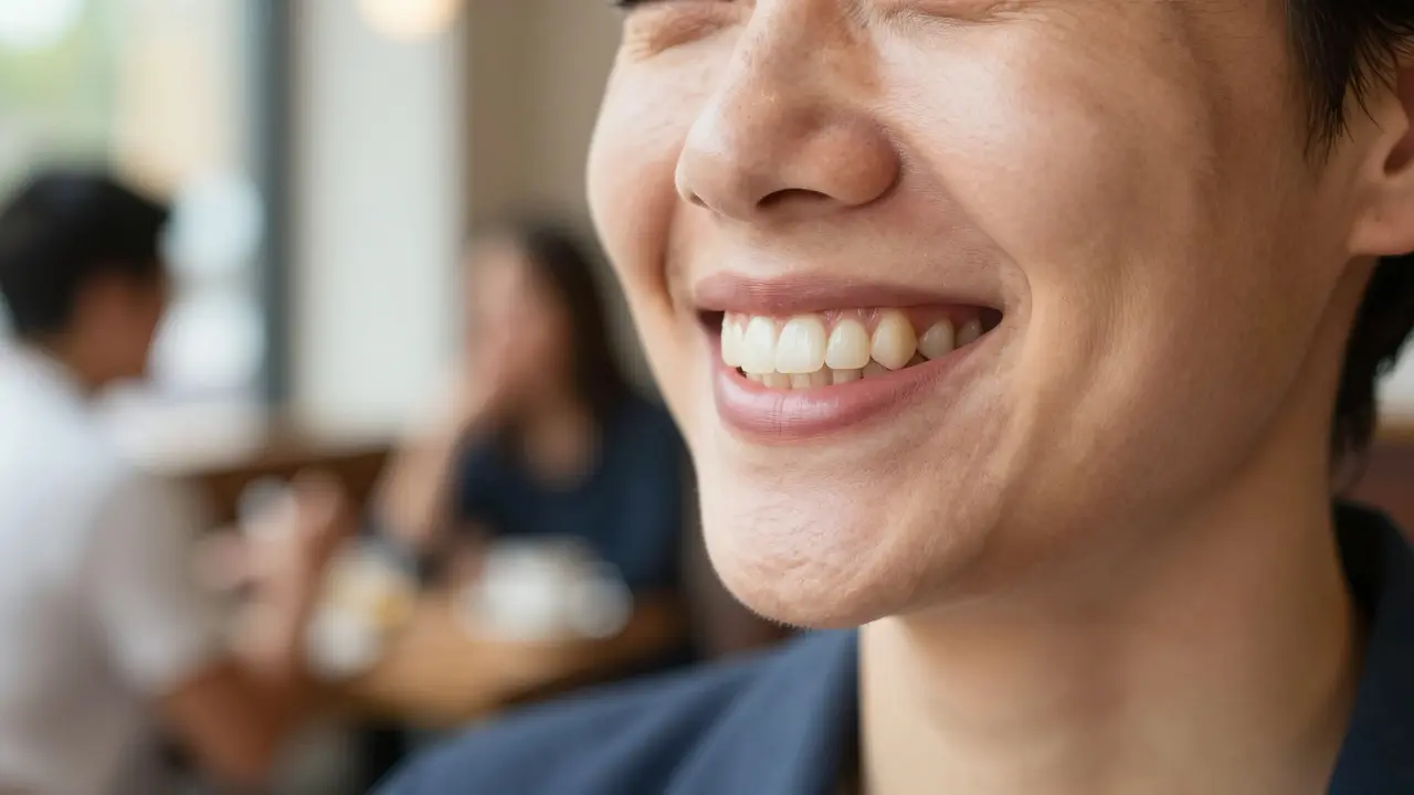 Zavěřený detail sebevědomého úsměvu s rovnými a zdravými zuby.