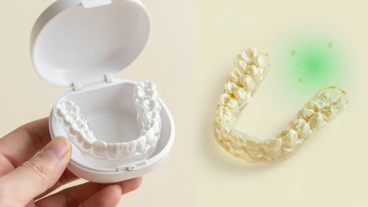 Čistý retainer v pouzdře vedle špinavého retainera