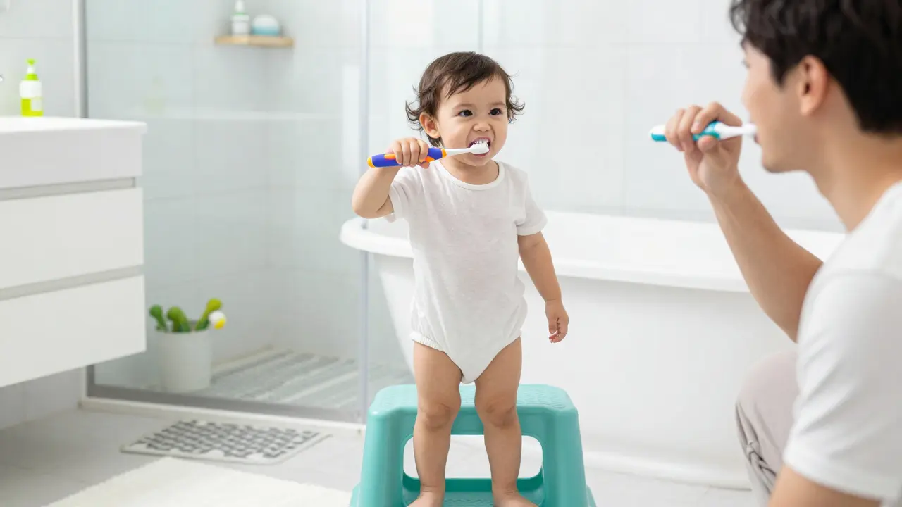 Dítě napodobuje rodiče při čištění zubů v koupelně, učí se hygienické návyky