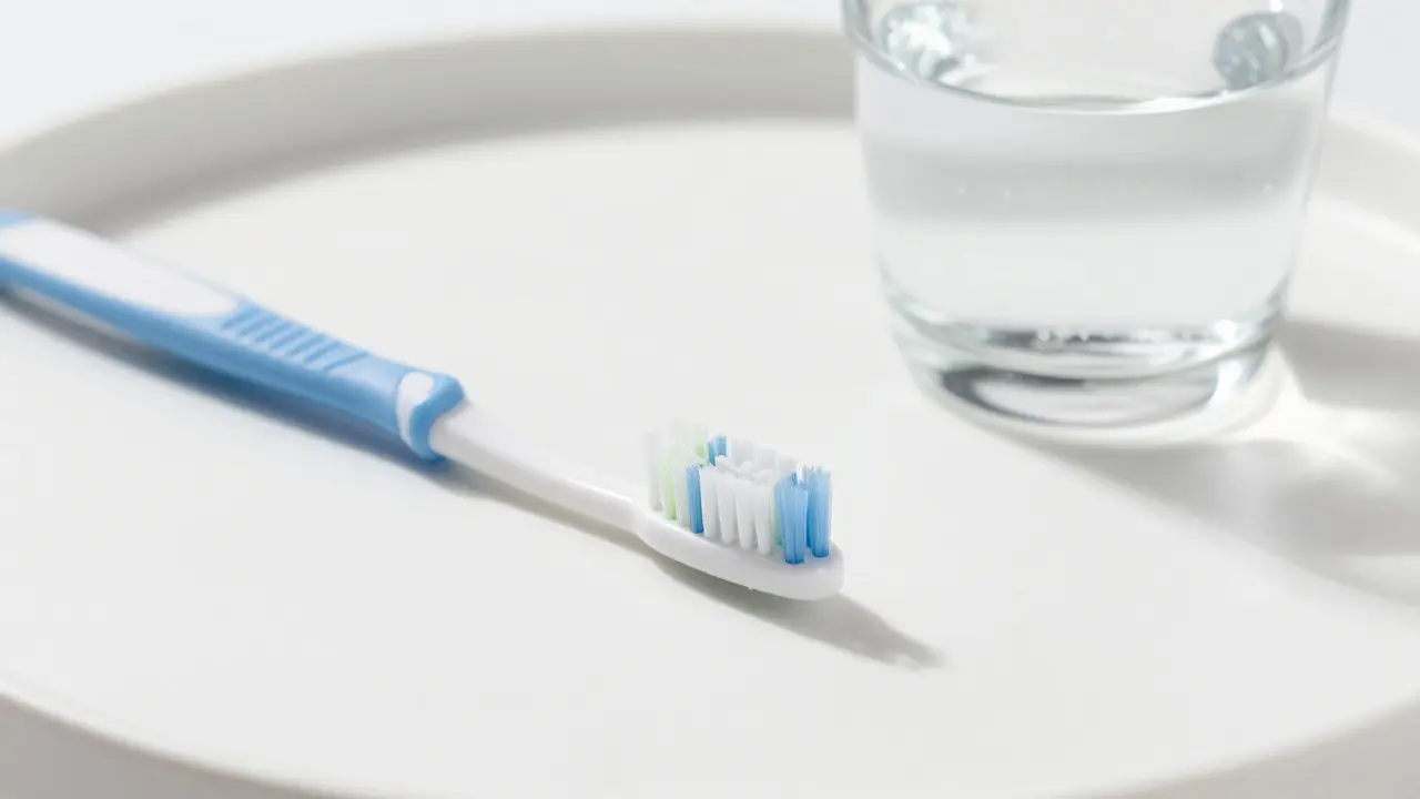 Hygienické pomůcky jako mezizubní kartáček a solný roztok pro péči o dásně