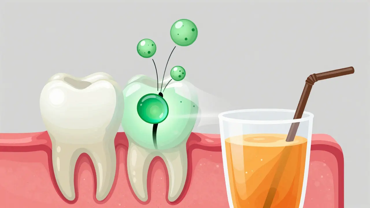 Ilustrace uvolňování fluoridu ze skloviny ochranně působící na zub