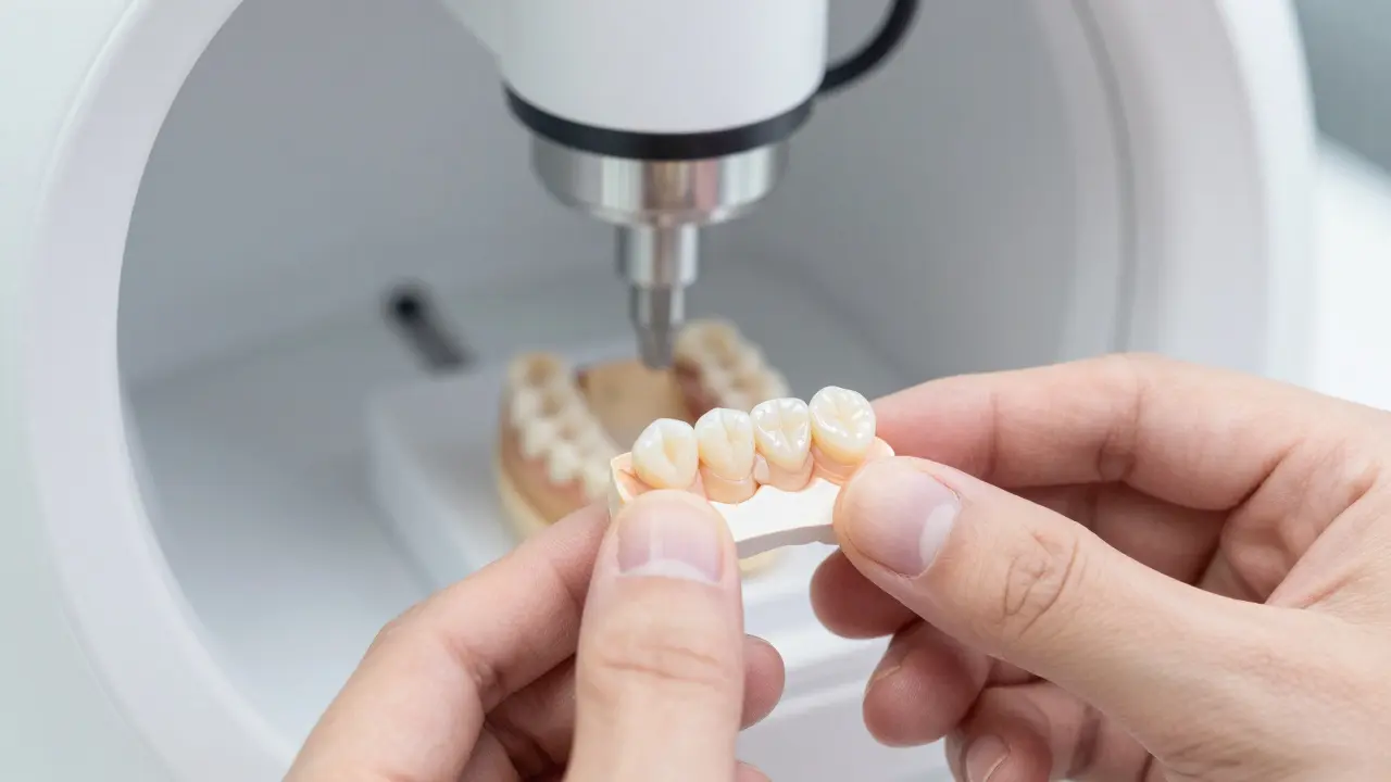 Kompozitní inlay v ruce zubaře s CAD/CAM technologií na pozadí