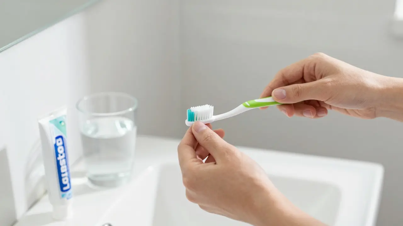 Osoba pečlivě čistící zuby kartáčkem a nití pro prevenci kazu