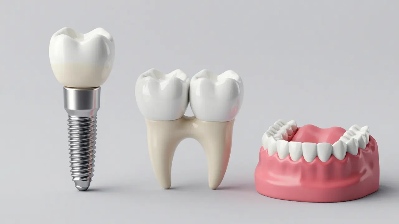 Srovnání dentálního implantátu, mostu a částečné protézy