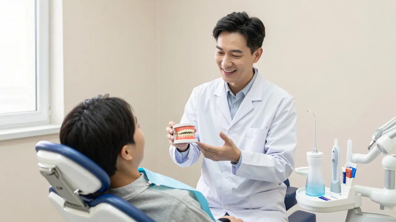 Dentista vysvětluje péči o korunku pacientovi v ordinaci