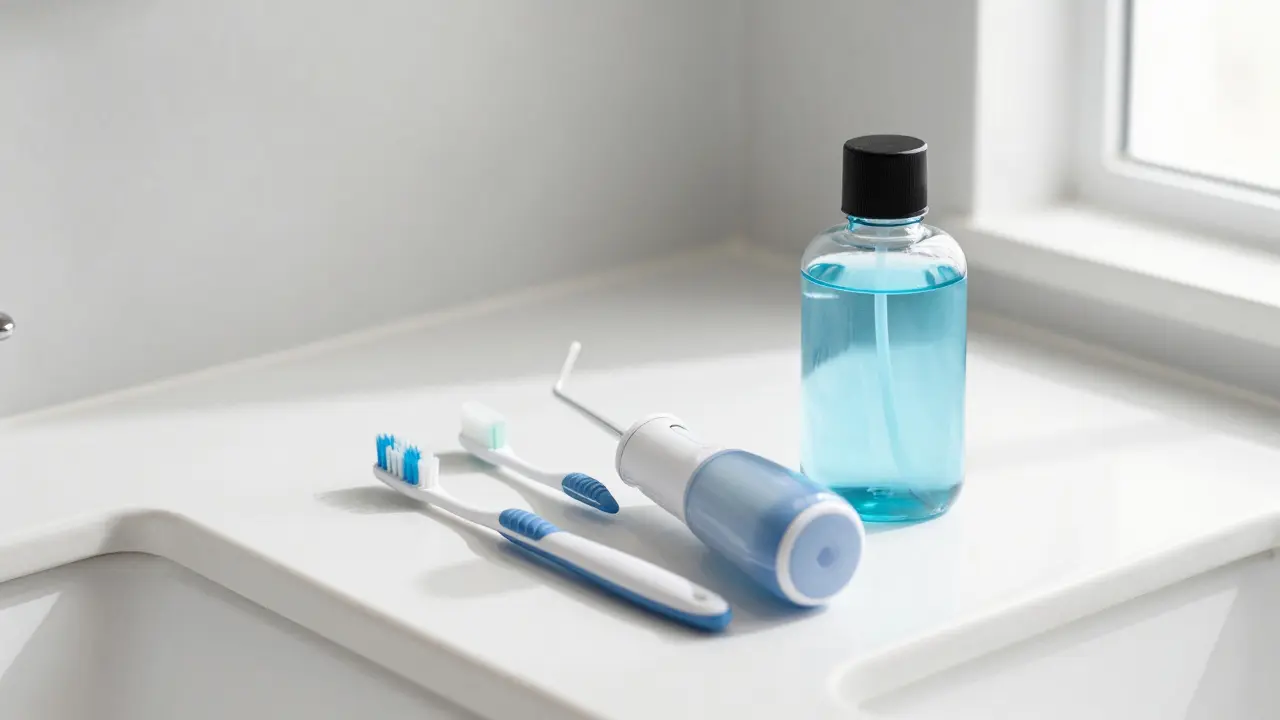 Hygienické pomůcky jako mezera kartáčky a vodní jet na koupelnovém pultu pro péči o zubní implantáty.