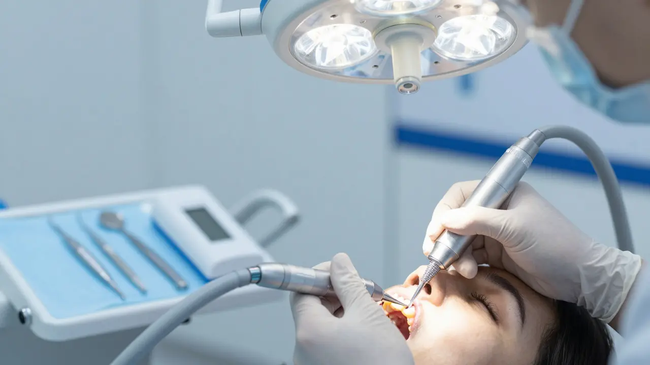 Stomatolog používá diamantovou frézku k úpravě kompozitní výplně