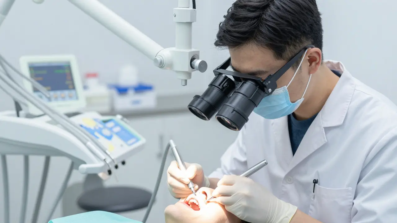 Zubní lékař provádějící léčbu kořenových kanálků s mikroskopem