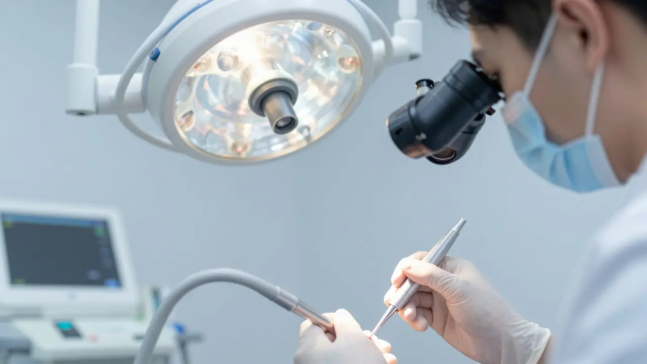 Zubní lékař provádí endodoncii pod mikroskopem v moderní ordinaci