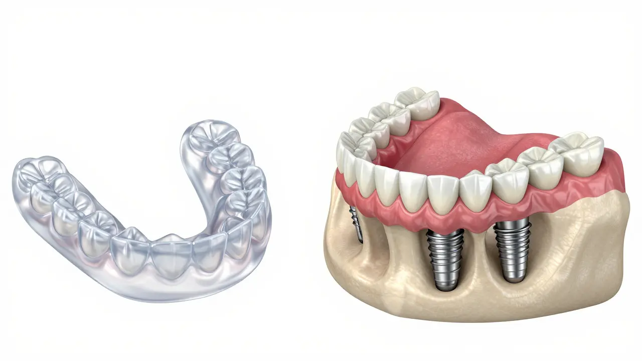 3D ilustrace srovnání zubní protézy a implantátů v čelisti