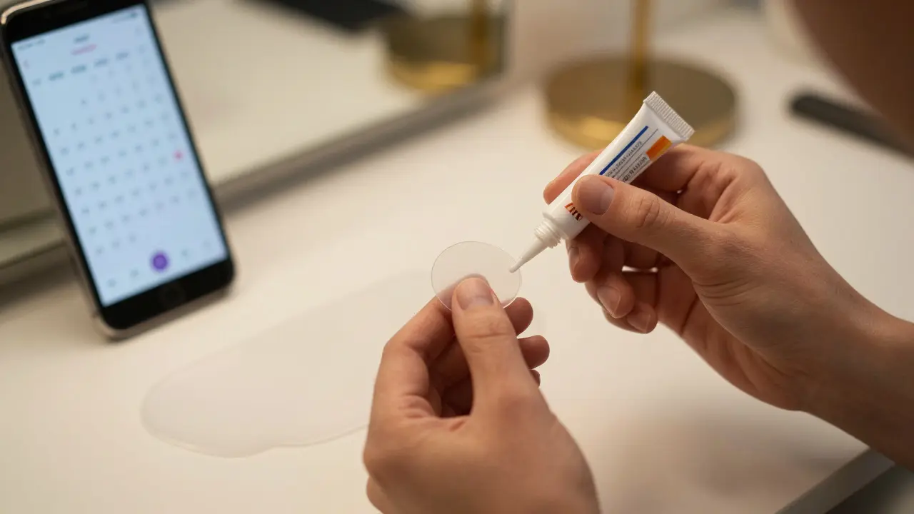 Aplikace lepicího gelu na dentální destičku u toaletního stolku
