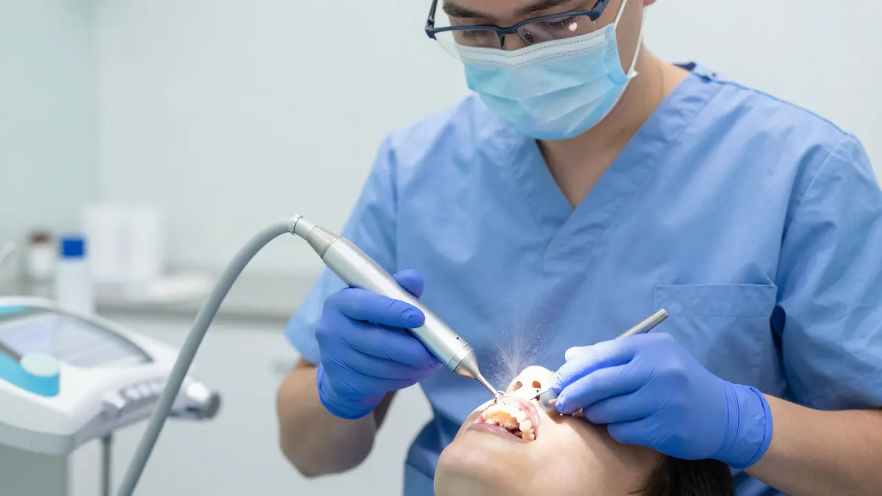 Dentální hygienik čistí zuby ultrazvukovým škalerem