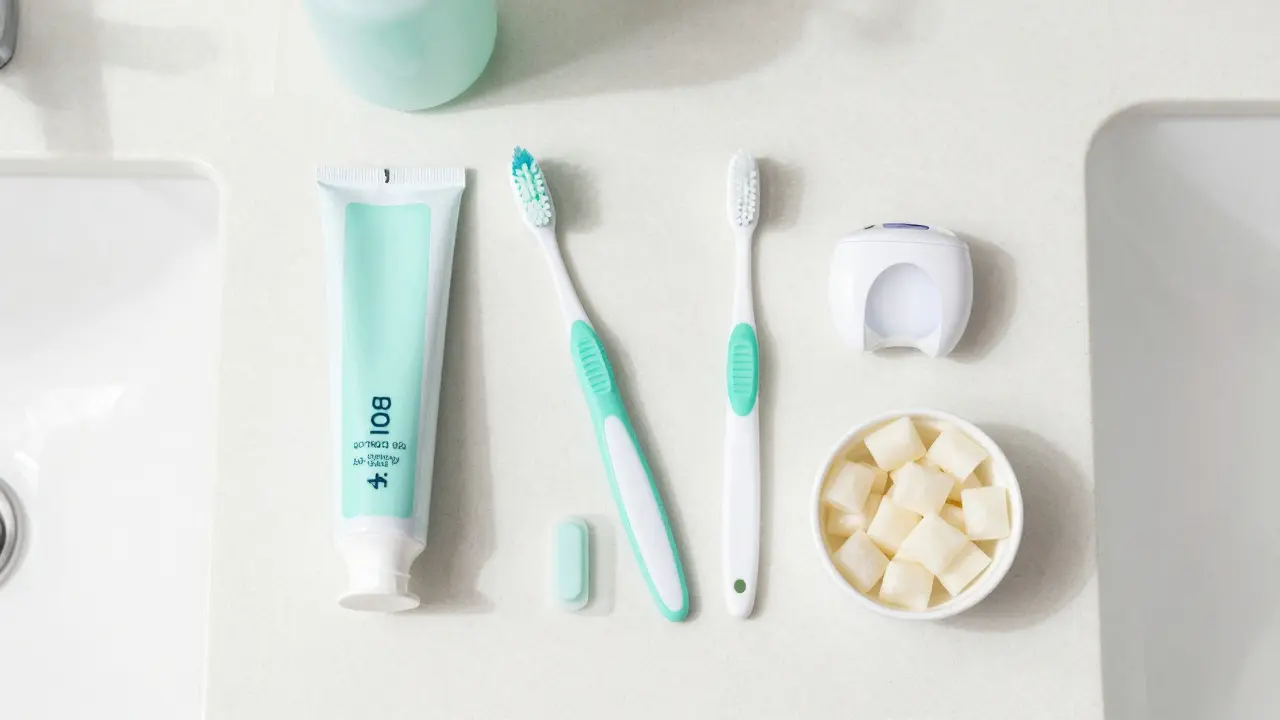 Hygienické potřeby jako pasta a nit pro prevenci zubního kazu