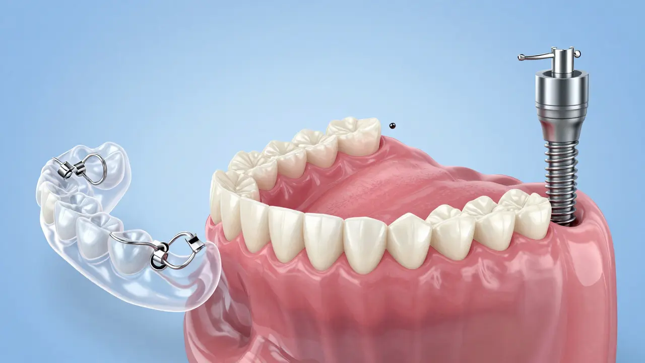 Ilustrace srovnávající částečné, celkové a implantátové protézy