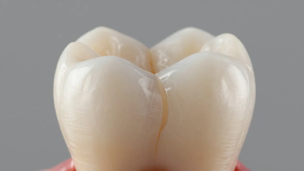 Makro pohled na strukturu skloviny a žloutnoucí dentin uvnitř zubu
