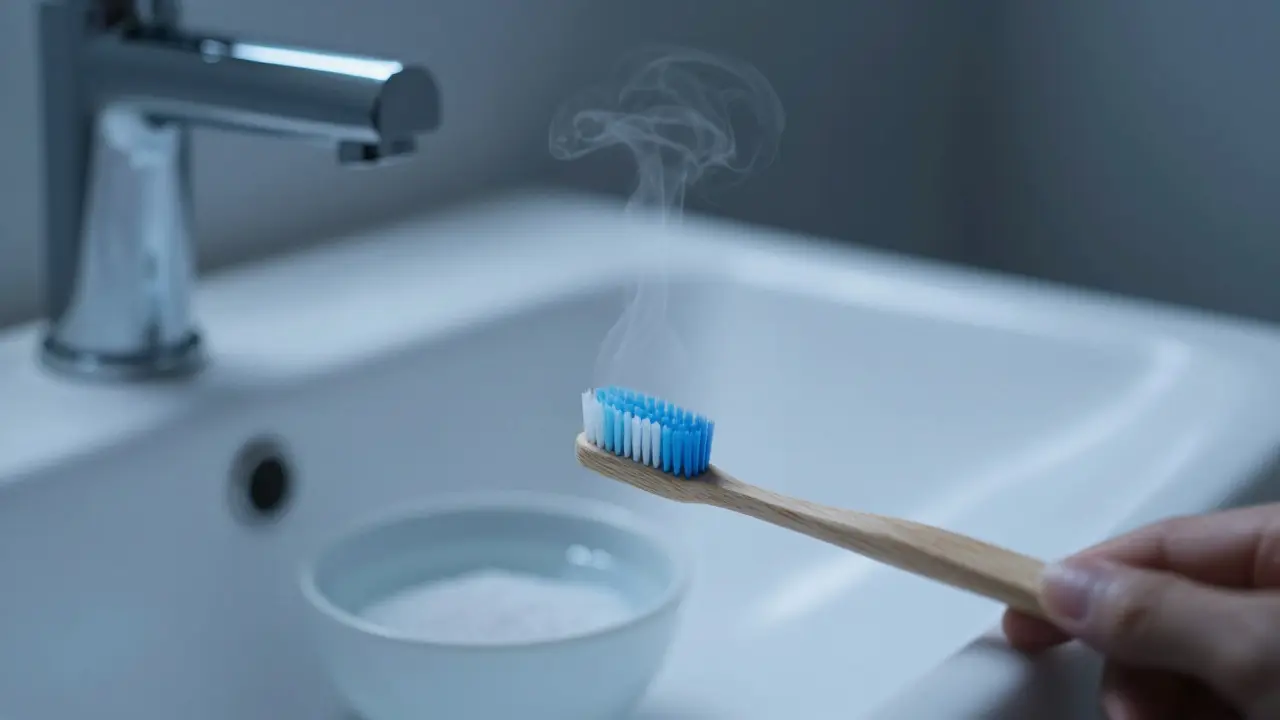 Měkký kartáček a miska s teplou solanou vodou pro úlevu od bolesti