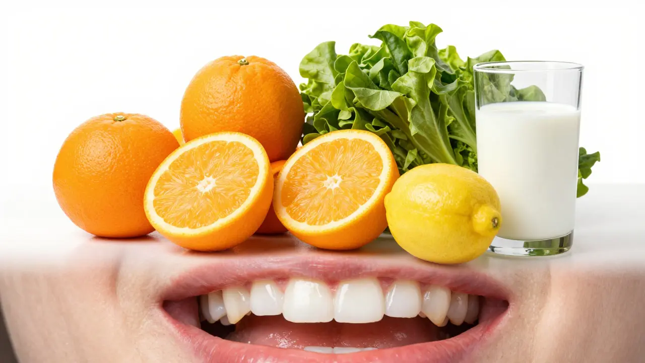 Ovoce a zelenina bohatá na vitamíny vedle ilustrace zdravých dásní