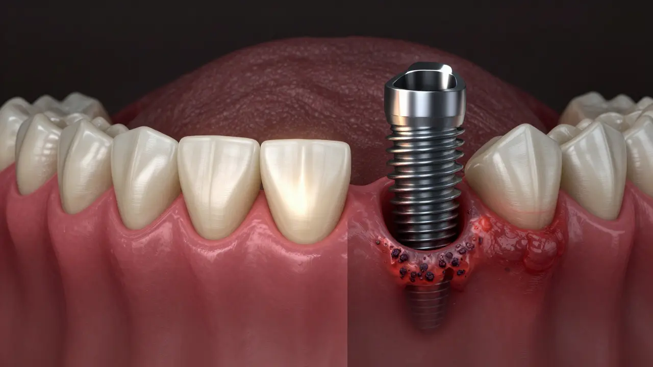 Porovnání zdravého implantátu a toho postiženého zánětem dásní