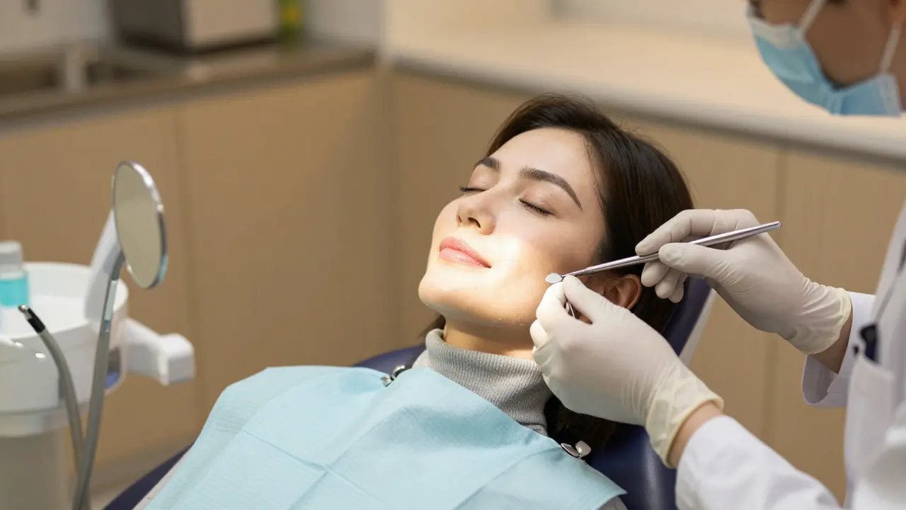 Relaxovaný pacient v dentistické židli během finálního kontrolování zubních facet.