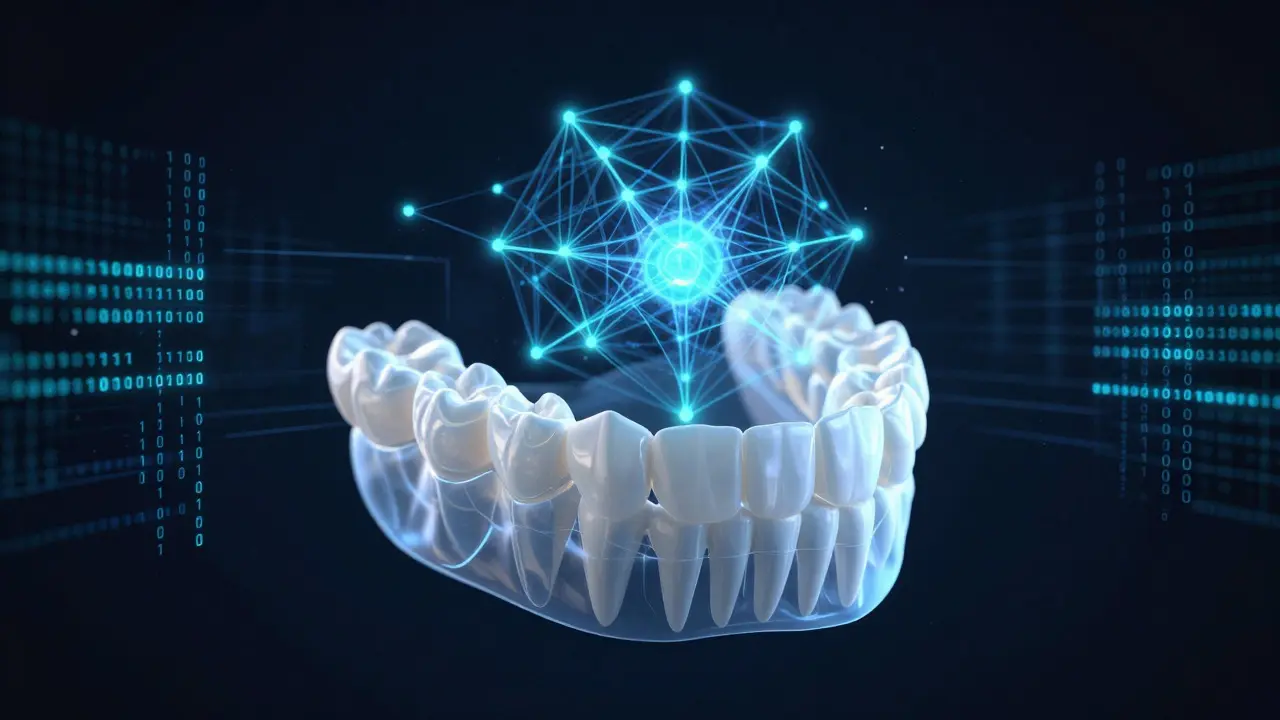 Abstraktní vizualizace AI analýzy 3D modelu čelisti