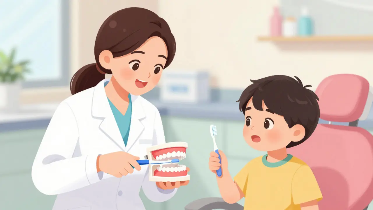 Dentální hygienista učí dítě správnému čištění zubů