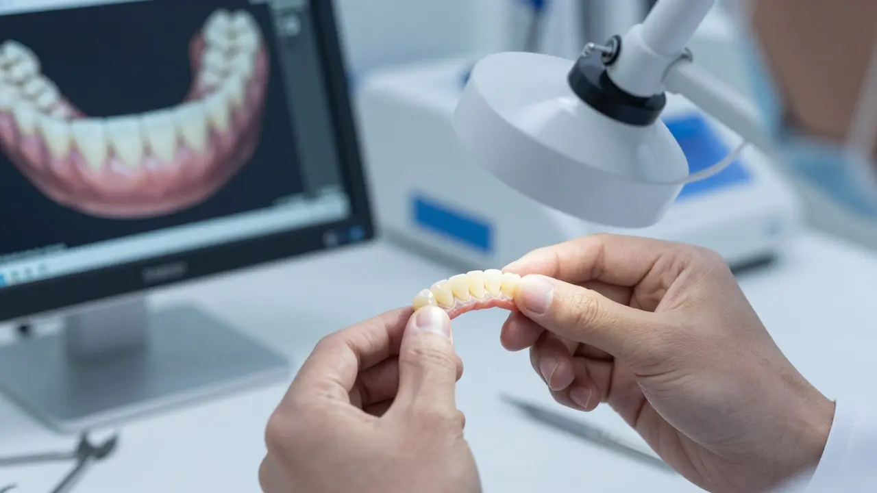 Detailní záběr na výrobu keramických destiček v moderní zubní laboratoři
