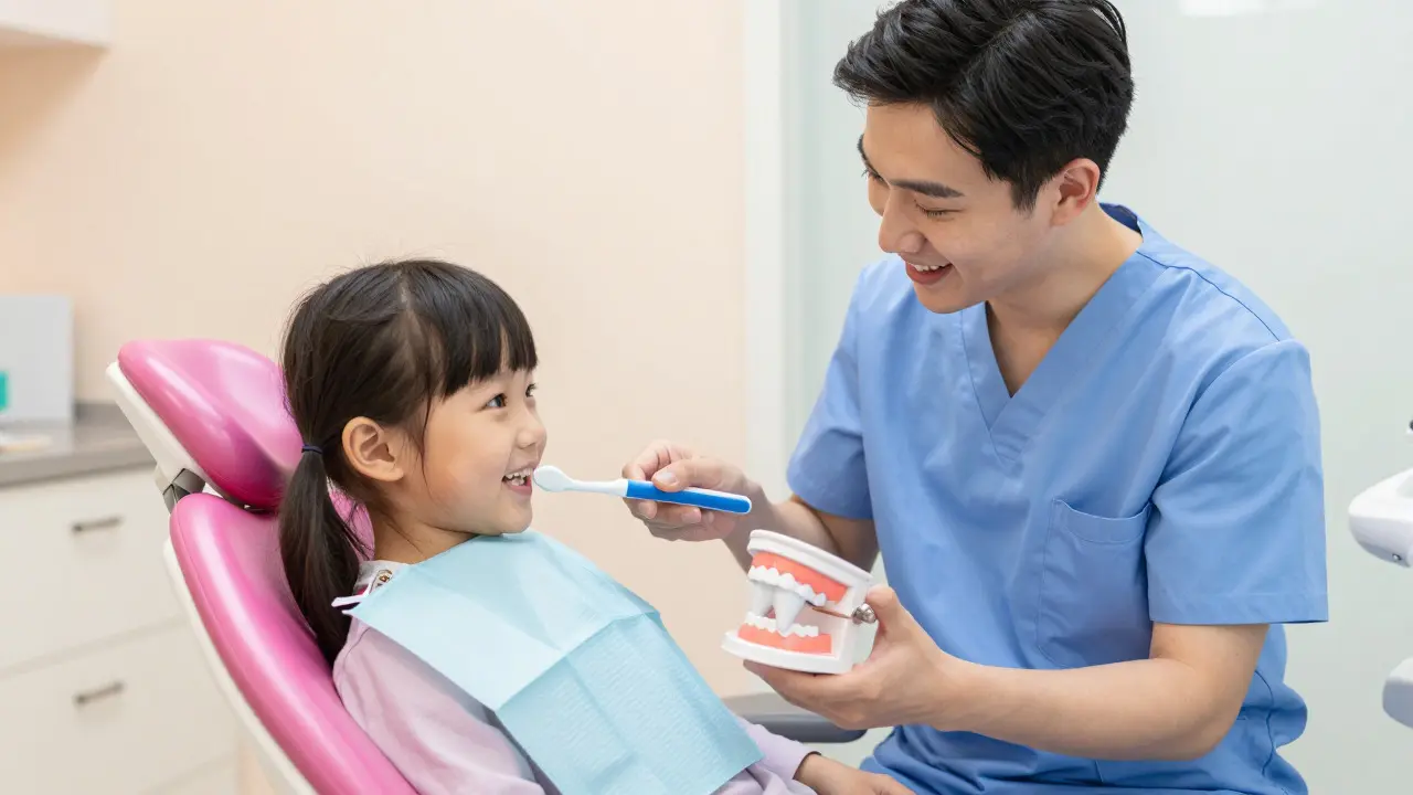 Dětský dentista vysvětluje péči o zuby malému pacientovi