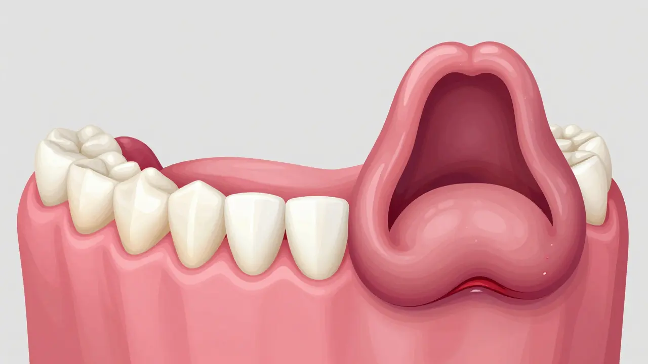 Ilustrace srovnání zdravých růžových a zánětlivých červených dásní