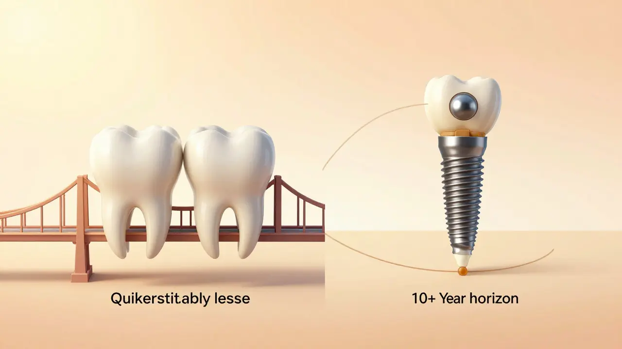 Konceptuální ilustrace srovnávající most a implantát jako dlouhodobé řešení