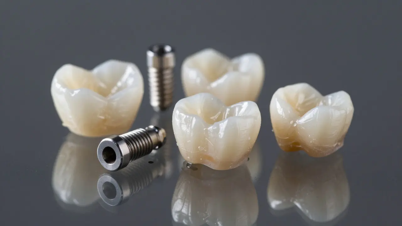 Makro záběr na různé typy zubních korun a implantátů na skleněném povrchu