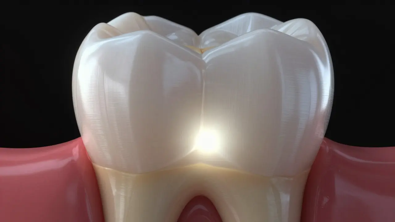 Makro záběr zubu ukazující propustný smalt a žlutohnědý dentin uvnitř