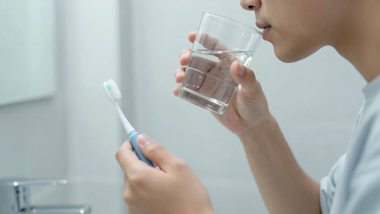 Person using an electric toothbrush and holding cold water in a bathroom