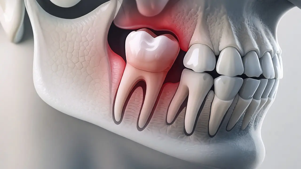 Anatomický řez čelistí s zánětlivým zubem moudrosti